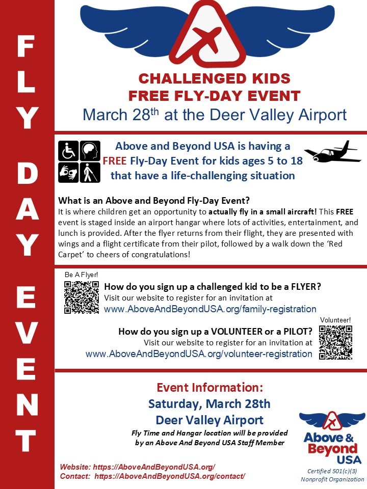 march 28 deer valley airport above and beyond challenged kids free fly day event